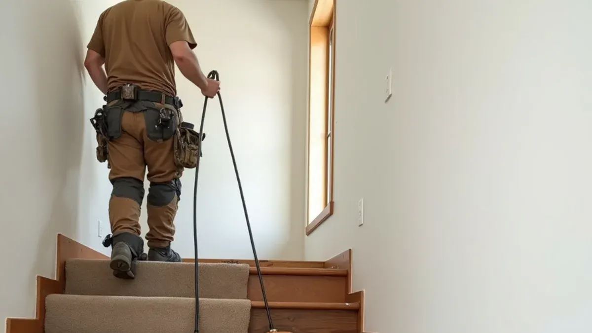 Carpeted staircase mid-conversion to stained hardwood treads in Idaho