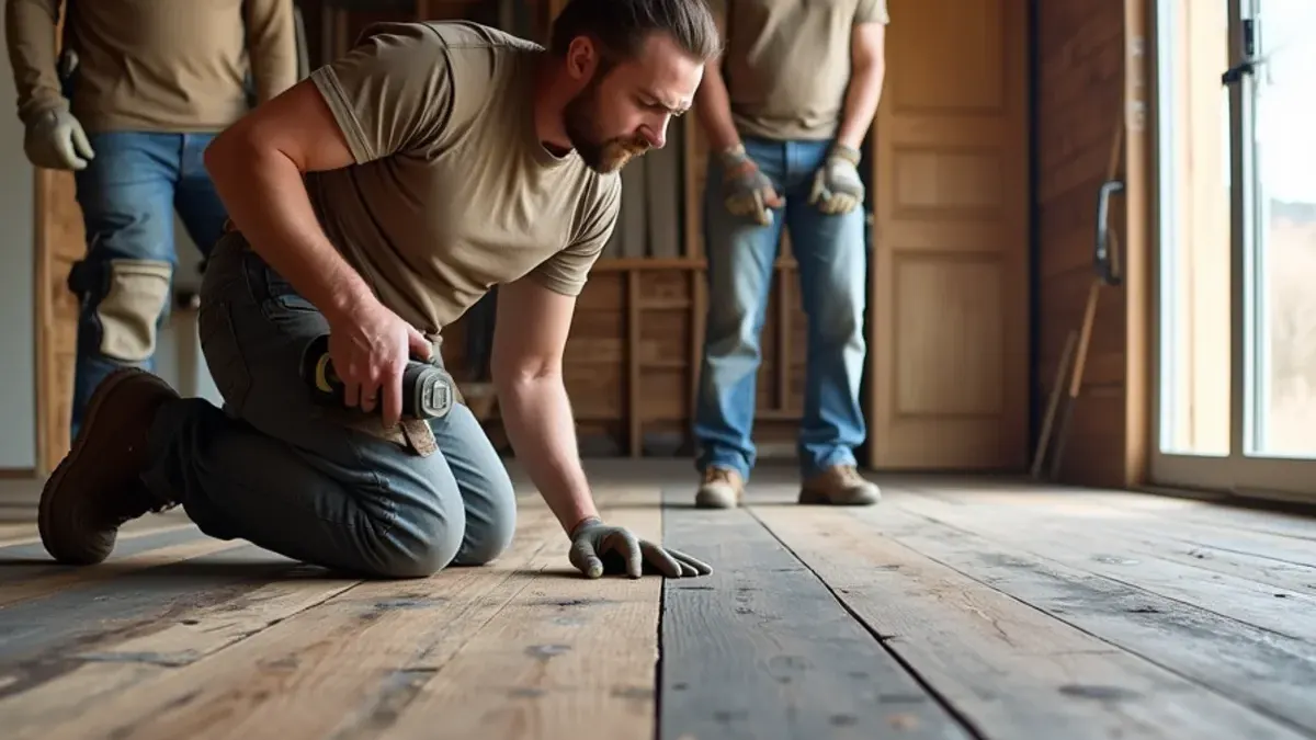 Smoke-darkened hardwood being assessed for refinishing after a fire in Idaho