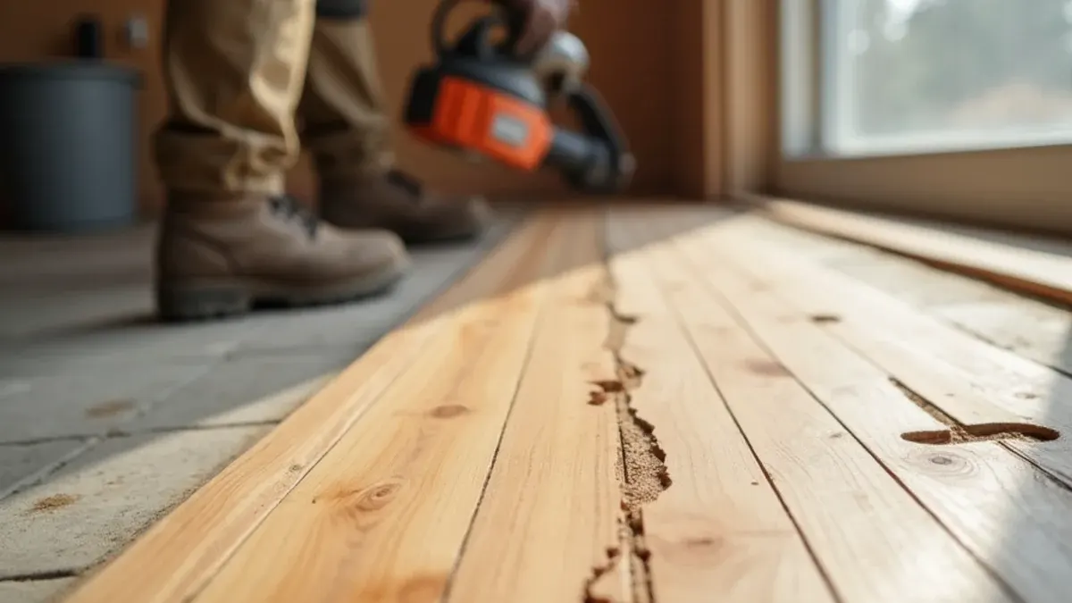 Close-up of cupped hardwood boards lifting at the edges in an East Idaho home