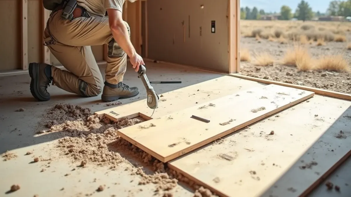 Tear-out of flood-damaged flooring exposing a drying subfloor in Idaho Falls
