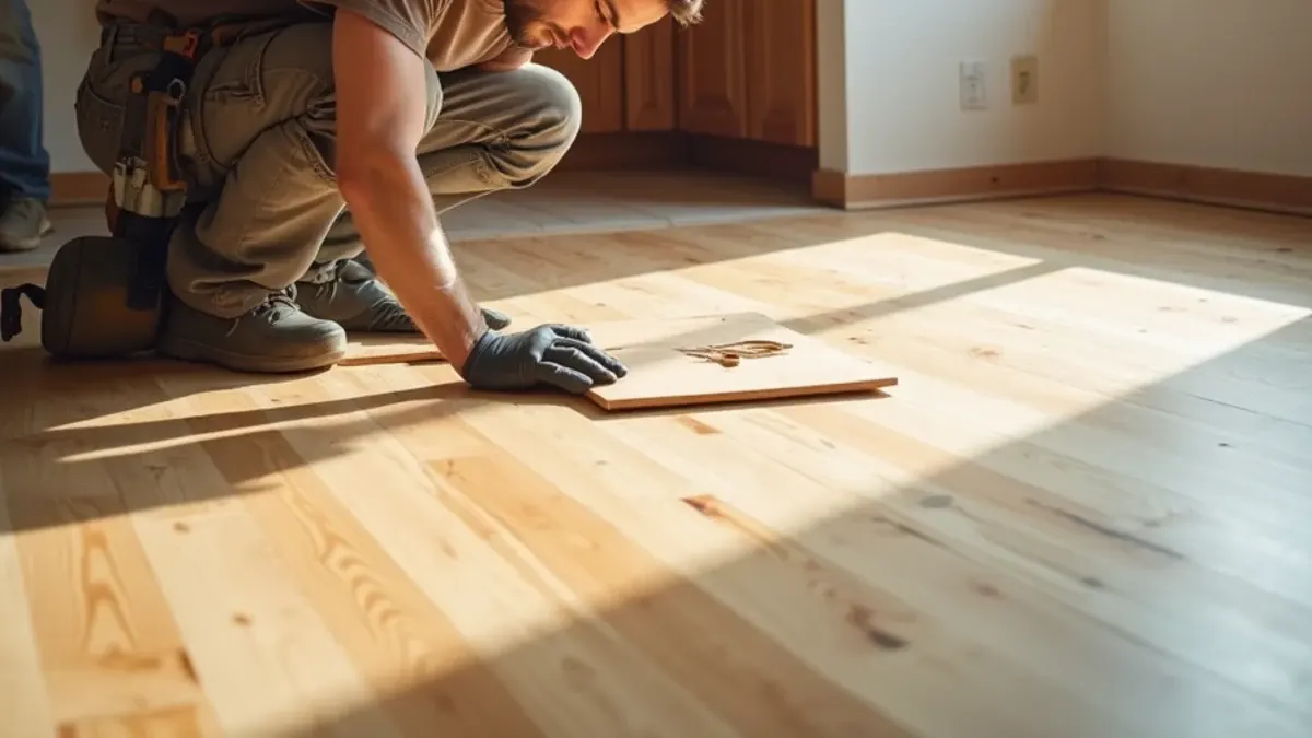 Carpenter lacing a replacement oak board into an existing Idaho Falls hardwood floor