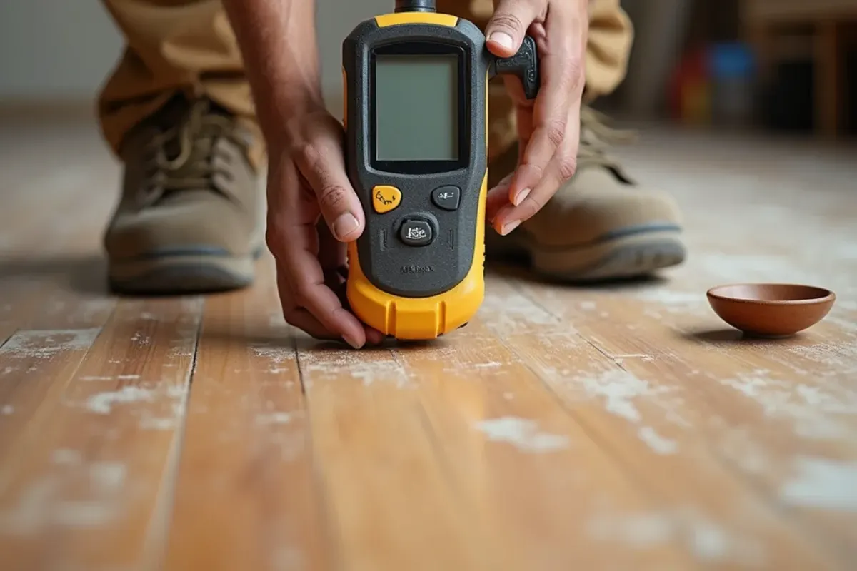 Moisture meter reading taken before a hardwood install in Idaho Falls
