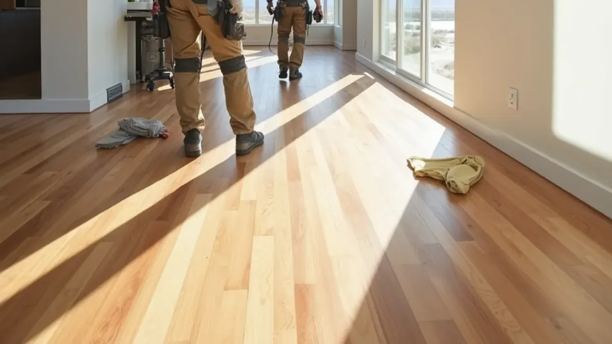 Wide-plank hardwood floor flowing through an open Idaho Falls living room