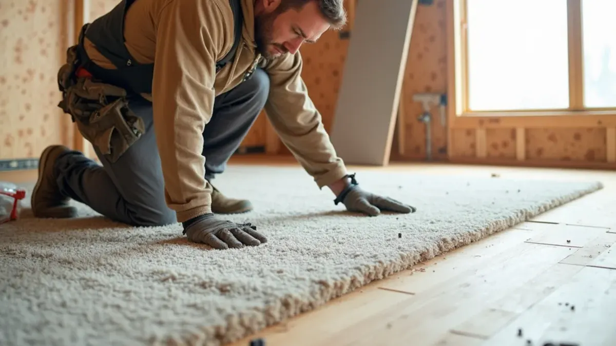 Carpet pulled up to screw down a squeaky plywood subfloor in Moreland, Idaho