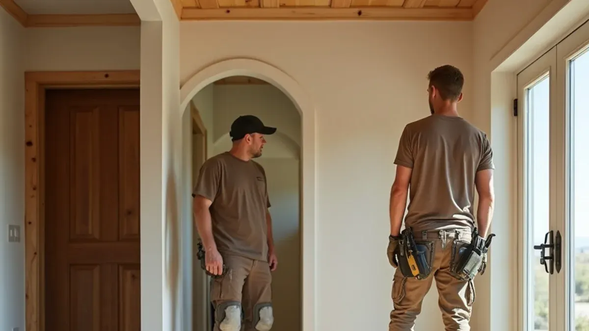 Worn entry-zone hardwood by a mudroom in a Ucon, Idaho acreage home